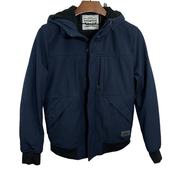 LEVI'S Mens Jacket‎ Softshell Sherpa Lined Hood Pockets RN54163 Navy Blue Size M - Picture 1 of 12